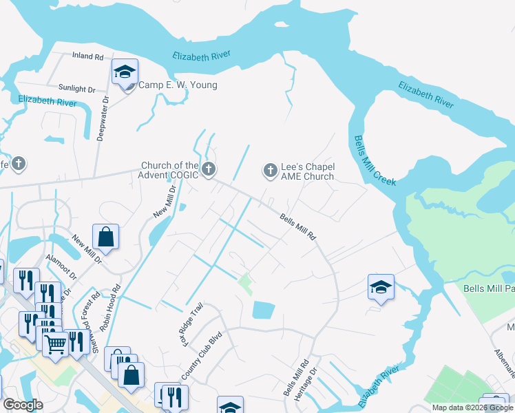 map of restaurants, bars, coffee shops, grocery stores, and more near 1041 Bells Mill Road in Chesapeake