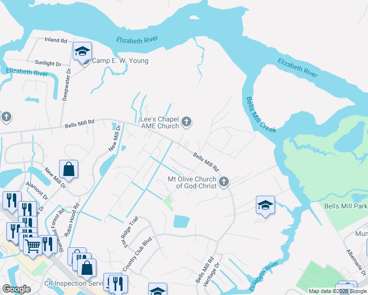 map of restaurants, bars, coffee shops, grocery stores, and more near 1041 Bells Mill Road in Chesapeake