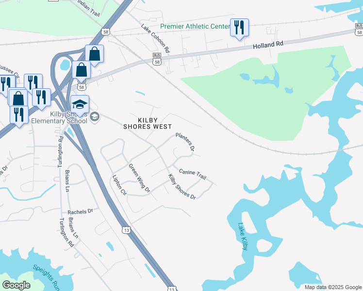map of restaurants, bars, coffee shops, grocery stores, and more near 404 Locust Court in Suffolk