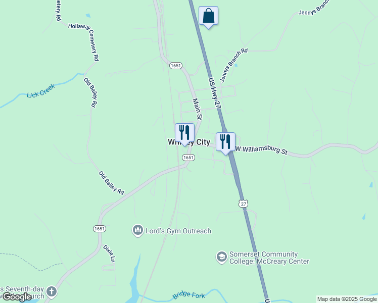 map of restaurants, bars, coffee shops, grocery stores, and more near in Whitley City