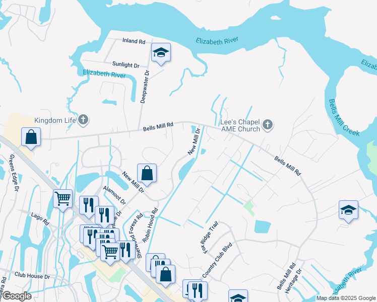map of restaurants, bars, coffee shops, grocery stores, and more near 917 New Mill Drive in Chesapeake