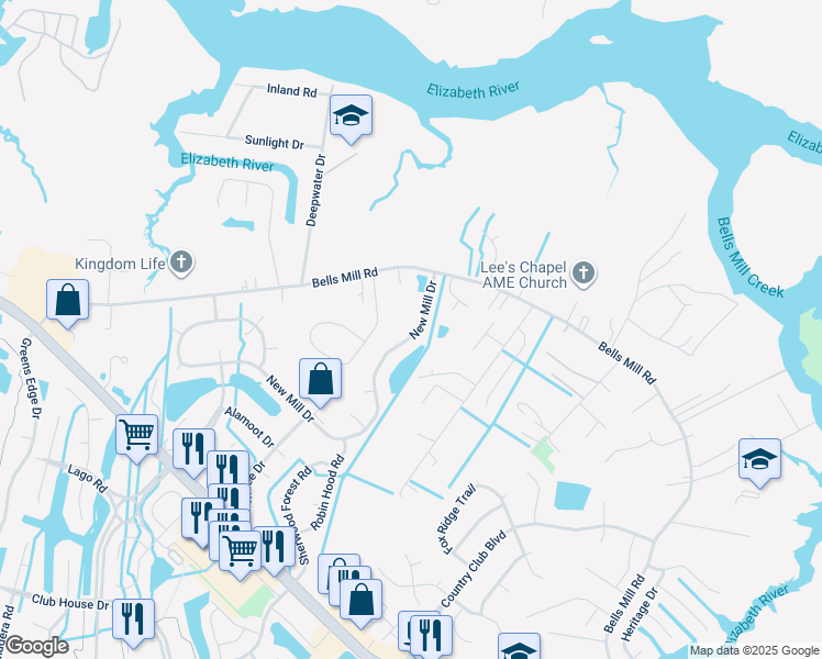 map of restaurants, bars, coffee shops, grocery stores, and more near 917 New Mill Drive in Chesapeake