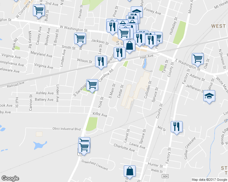 map of restaurants, bars, coffee shops, grocery stores, and more near 314 South Main Street in Suffolk