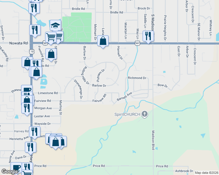 map of restaurants, bars, coffee shops, grocery stores, and more near 4817 Barlow Drive in Bartlesville