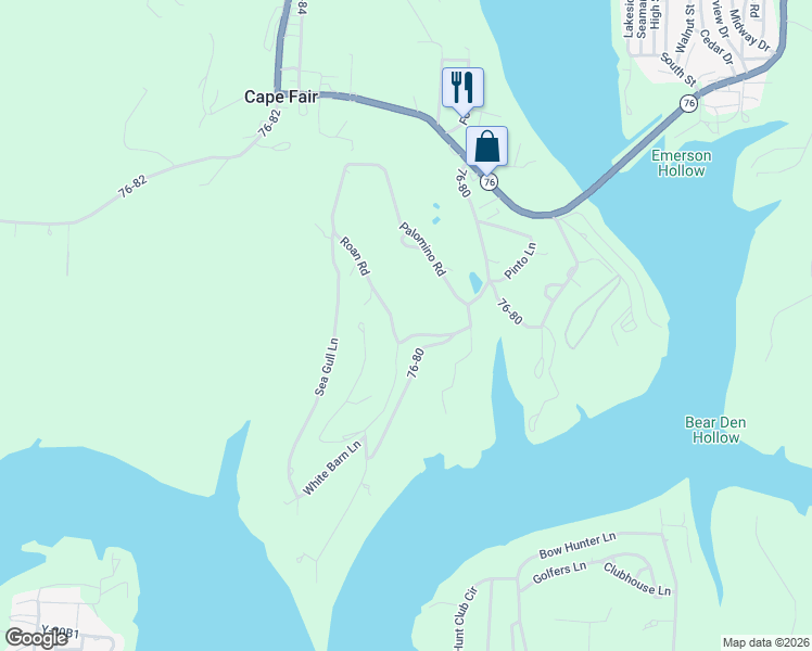 map of restaurants, bars, coffee shops, grocery stores, and more near 144 Roan Road in Cape Fair