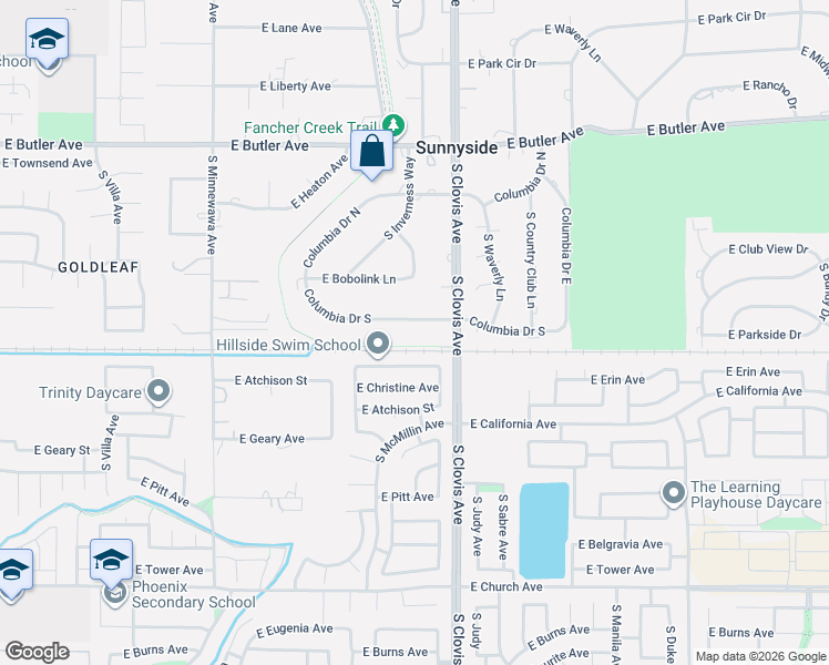 map of restaurants, bars, coffee shops, grocery stores, and more near 5560 Columbia Drive South in Fresno