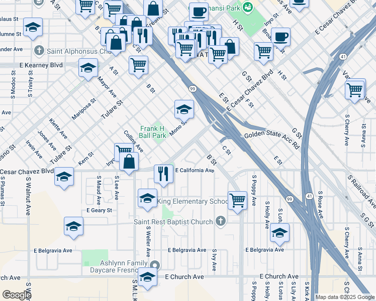 map of restaurants, bars, coffee shops, grocery stores, and more near 609 A Street in Fresno