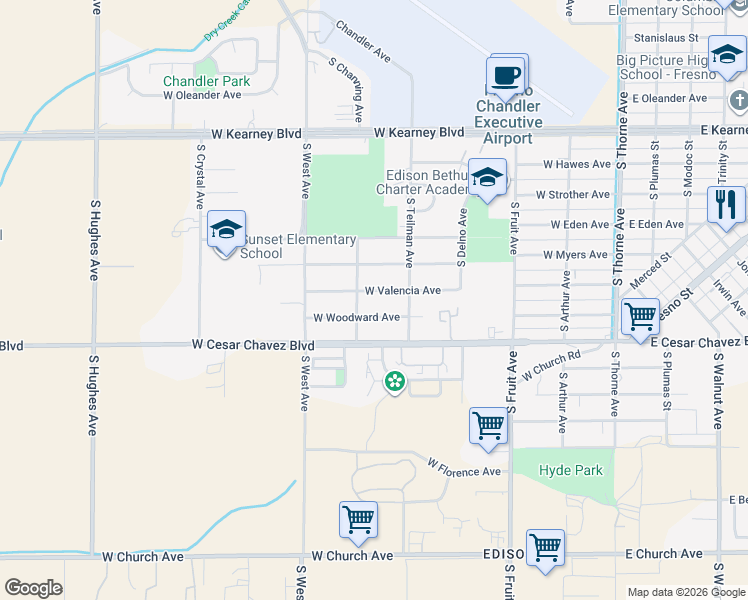 map of restaurants, bars, coffee shops, grocery stores, and more near 935 West Valencia Avenue in Fresno