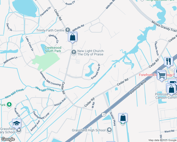 map of restaurants, bars, coffee shops, grocery stores, and more near 801 Winter King Court in Chesapeake