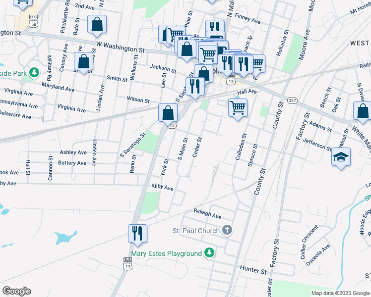 map of restaurants, bars, coffee shops, grocery stores, and more near 314 South Main Street in Suffolk