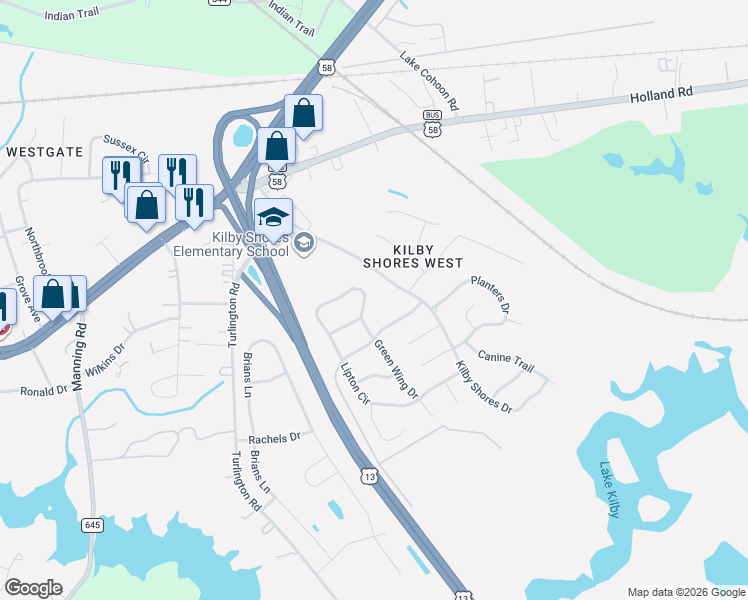 map of restaurants, bars, coffee shops, grocery stores, and more near 1309 Pheasant Circle in Suffolk