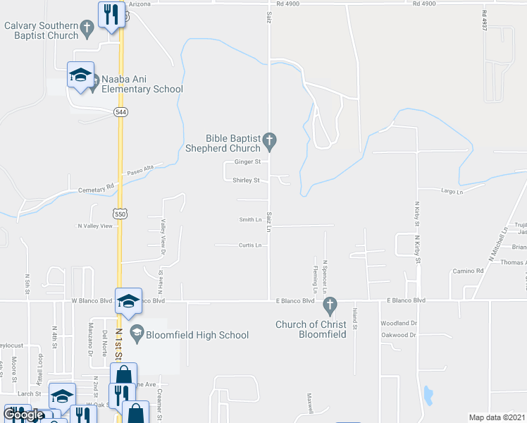 map of restaurants, bars, coffee shops, grocery stores, and more near 1221 Saiz Road in Bloomfield