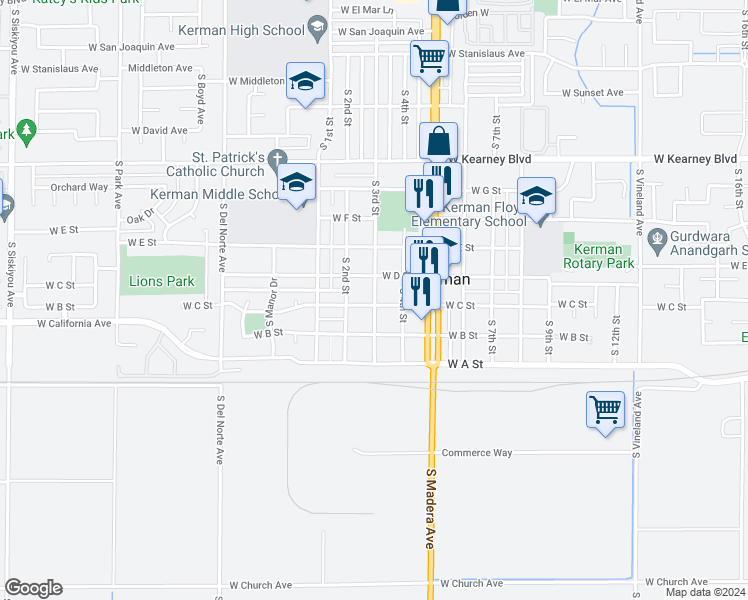 map of restaurants, bars, coffee shops, grocery stores, and more near 787 South 3rd Street in Kerman