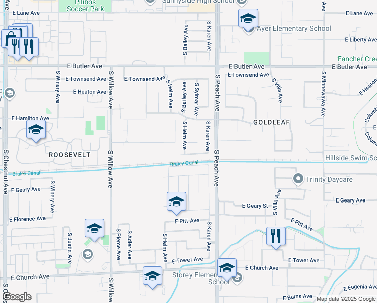 map of restaurants, bars, coffee shops, grocery stores, and more near 5155 East Dwight Way in Fresno
