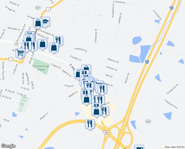 map of restaurants, bars, coffee shops, grocery stores, and more near 683 Northington Street in South Hill