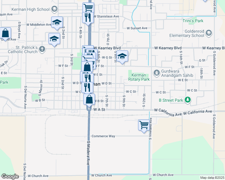 map of restaurants, bars, coffee shops, grocery stores, and more near 14720 West C Street in Kerman
