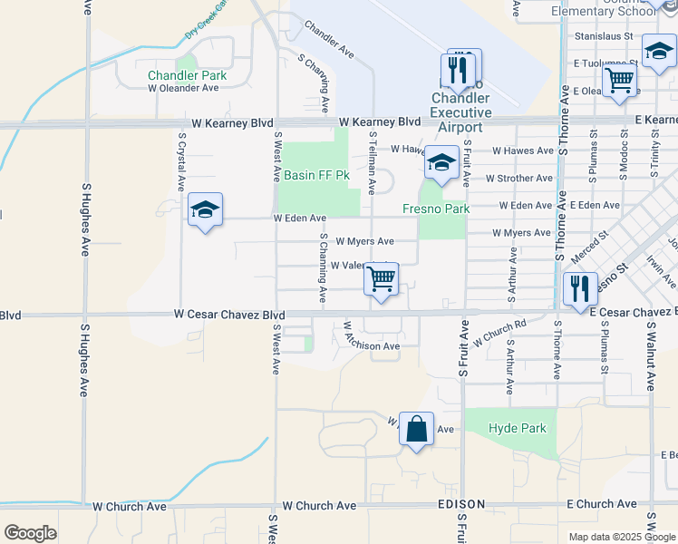 map of restaurants, bars, coffee shops, grocery stores, and more near 935 West Valencia Avenue in Fresno