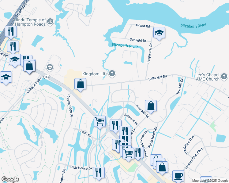 map of restaurants, bars, coffee shops, grocery stores, and more near 1340 New Mill Dr in Chesapeake
