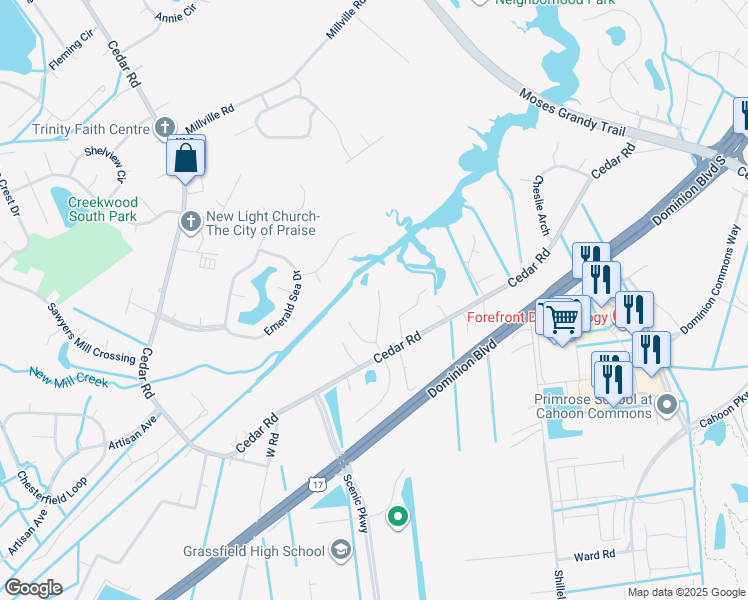 map of restaurants, bars, coffee shops, grocery stores, and more near 508 Dorothy Court in Chesapeake