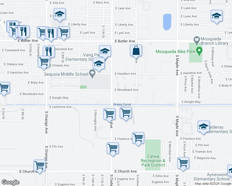 map of restaurants, bars, coffee shops, grocery stores, and more near 2033 South Cedar Avenue in Fresno