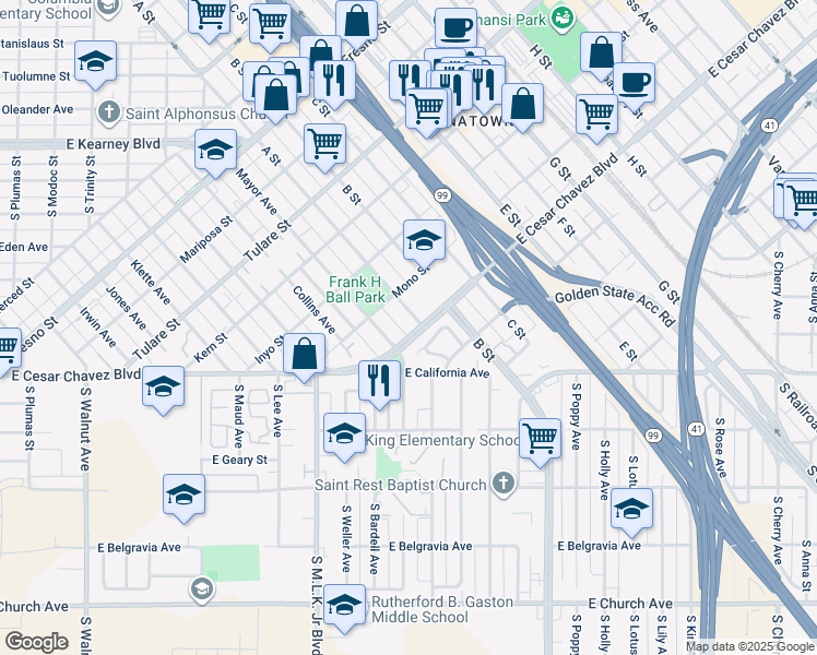 map of restaurants, bars, coffee shops, grocery stores, and more near 609 A Street in Fresno