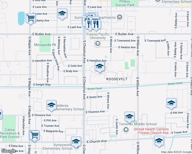 map of restaurants, bars, coffee shops, grocery stores, and more near 51 George McLaine Boulevard in Fresno