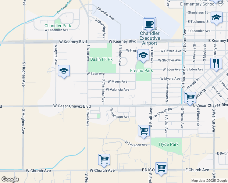 map of restaurants, bars, coffee shops, grocery stores, and more near 935 West Valencia Avenue in Fresno