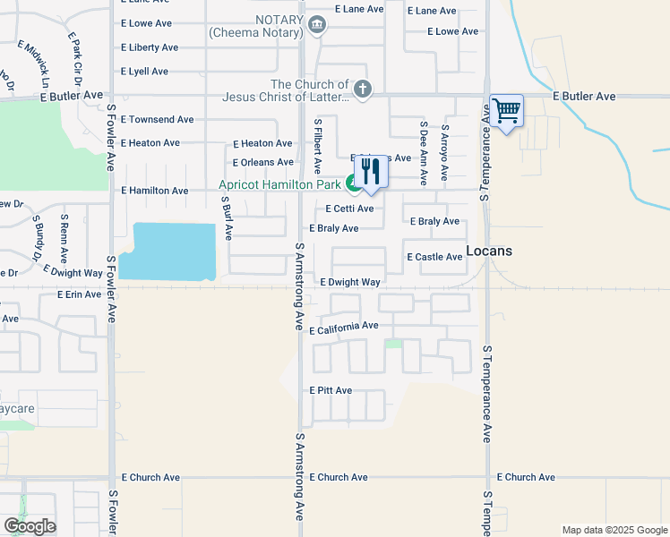 map of restaurants, bars, coffee shops, grocery stores, and more near 6577 East Castle Avenue in Fresno