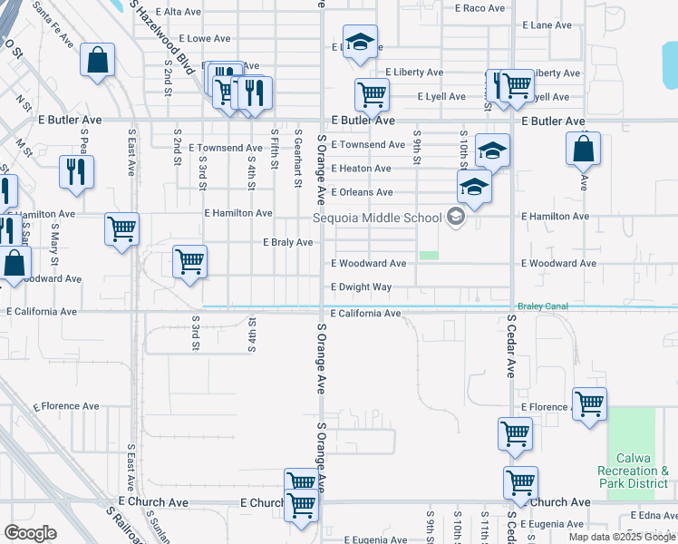 map of restaurants, bars, coffee shops, grocery stores, and more near 3628 East Woodward Avenue in Fresno