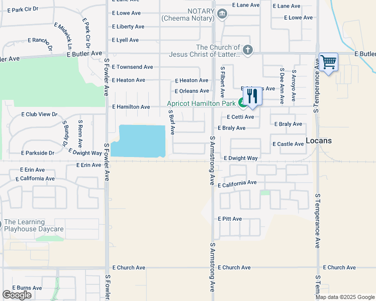 map of restaurants, bars, coffee shops, grocery stores, and more near 6418 East Dwight Way in Fresno