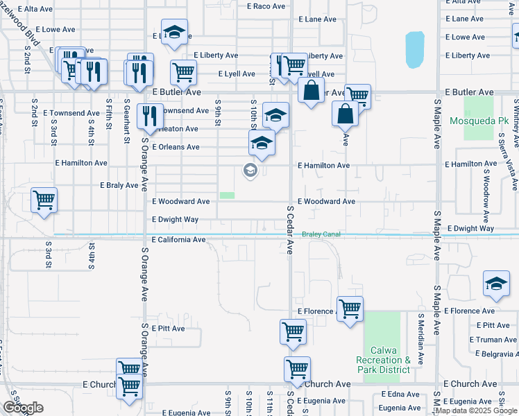 map of restaurants, bars, coffee shops, grocery stores, and more near 4060 East Woodward Avenue in Fresno