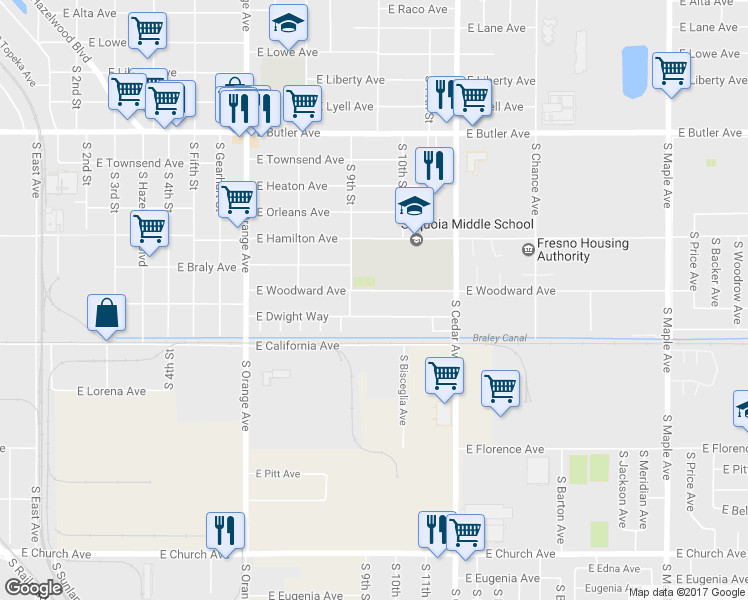 map of restaurants, bars, coffee shops, grocery stores, and more near 3938 East Woodward Avenue in Fresno