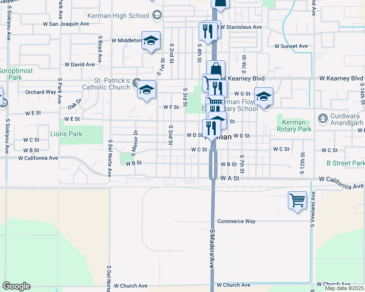 map of restaurants, bars, coffee shops, grocery stores, and more near 777 South 3rd Street in Kerman