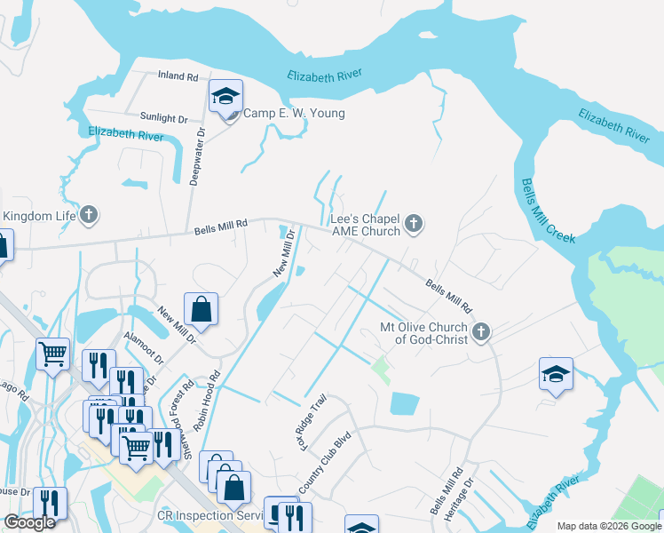 map of restaurants, bars, coffee shops, grocery stores, and more near 903 Hathaway Court in Chesapeake