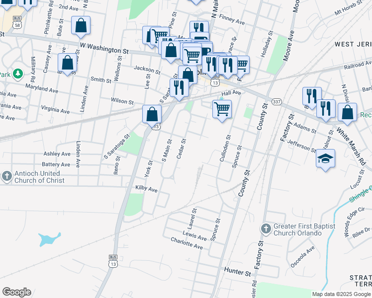 map of restaurants, bars, coffee shops, grocery stores, and more near 306 Cedar Street in Suffolk