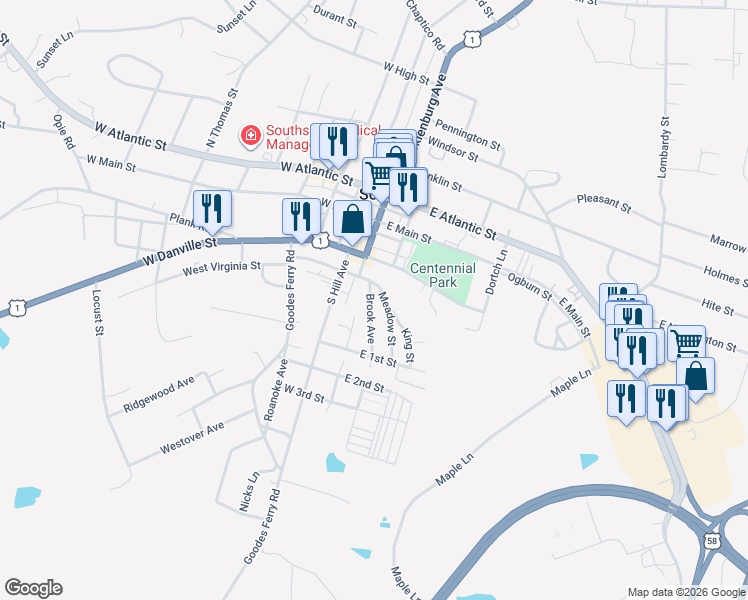 map of restaurants, bars, coffee shops, grocery stores, and more near 411 Meadow Street in South Hill