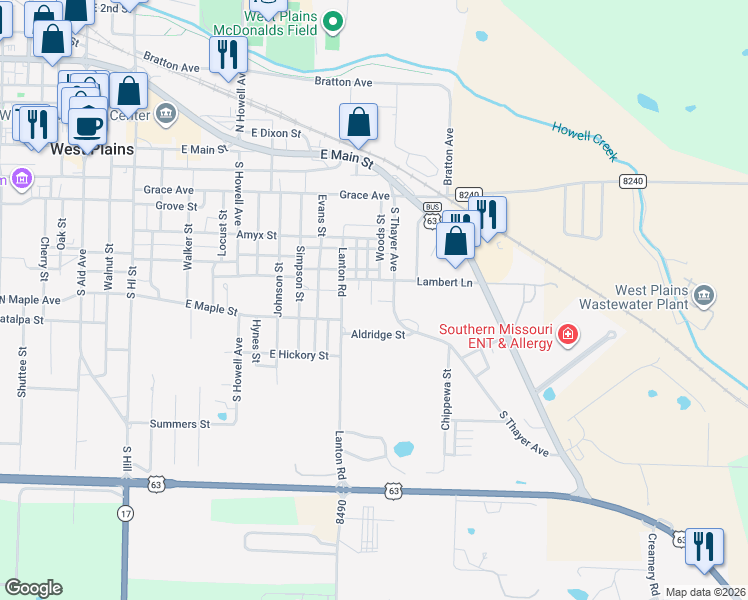 map of restaurants, bars, coffee shops, grocery stores, and more near 1106 Lambert Lane in West Plains