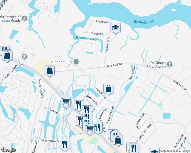 map of restaurants, bars, coffee shops, grocery stores, and more near 109 Beau Landing in Chesapeake