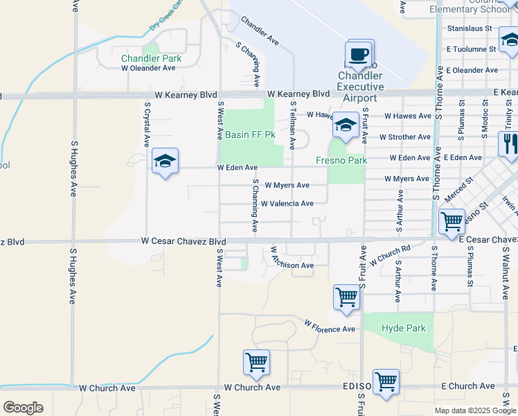 map of restaurants, bars, coffee shops, grocery stores, and more near 1045 West Valencia Avenue in Fresno