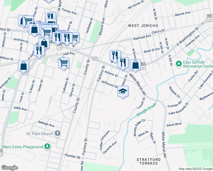 map of restaurants, bars, coffee shops, grocery stores, and more near 601 Jefferson Street in Suffolk