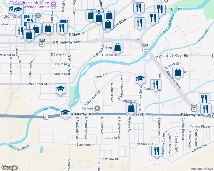 map of restaurants, bars, coffee shops, grocery stores, and more near 606 Laguna Avenue in Farmington