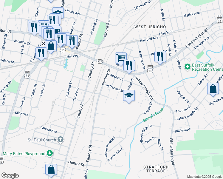 map of restaurants, bars, coffee shops, grocery stores, and more near 601 Jefferson Street in Suffolk