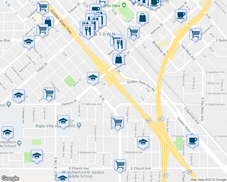 map of restaurants, bars, coffee shops, grocery stores, and more near 424 C Street in Fresno