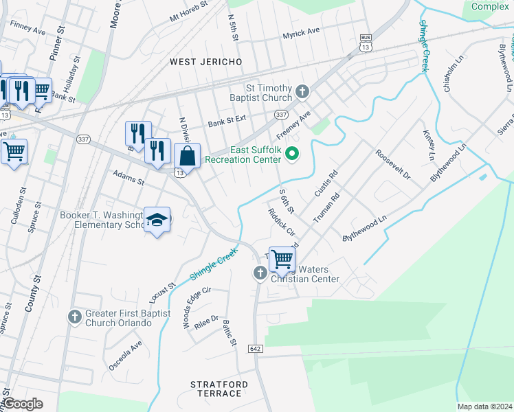 map of restaurants, bars, coffee shops, grocery stores, and more near 917 Diggs Court in Suffolk