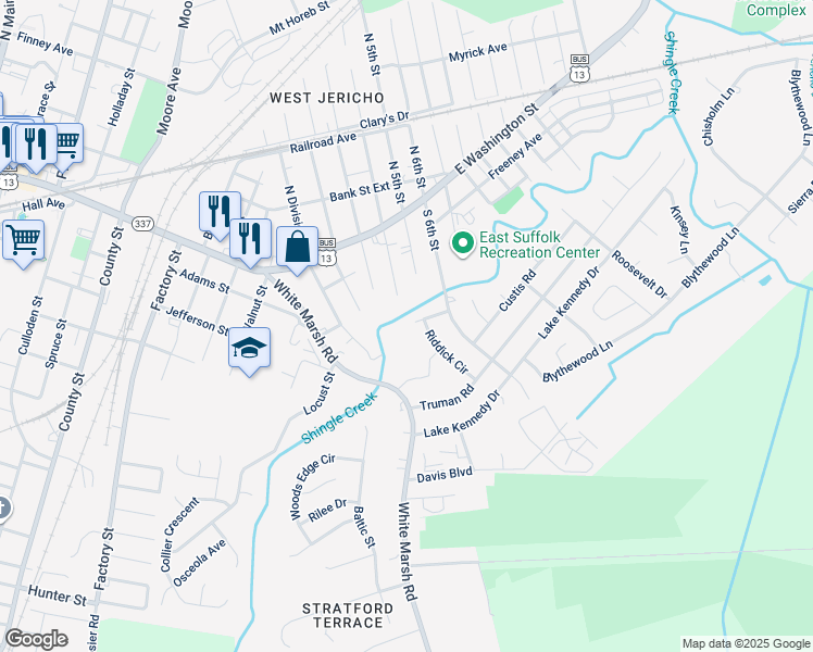 map of restaurants, bars, coffee shops, grocery stores, and more near 917 Diggs Court in Suffolk
