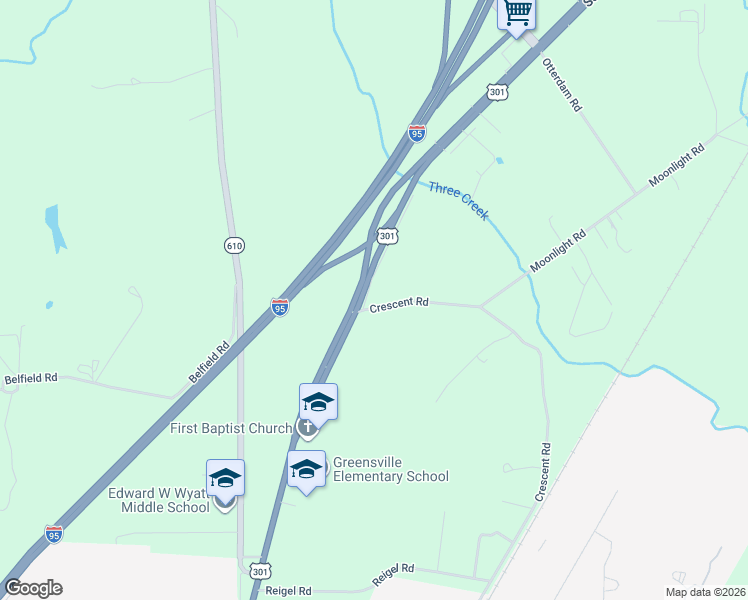 map of restaurants, bars, coffee shops, grocery stores, and more near 11 Quarter Moon Road in Emporia