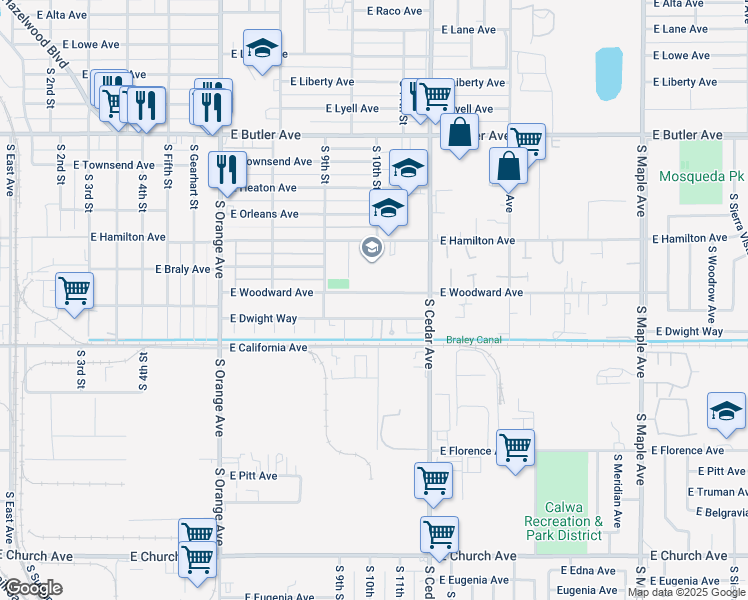 map of restaurants, bars, coffee shops, grocery stores, and more near 4060 East Woodward Avenue in Fresno