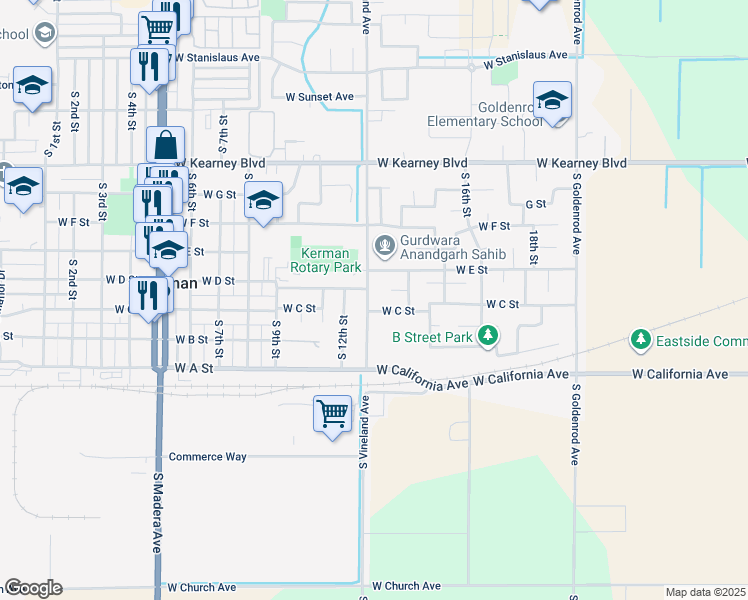 map of restaurants, bars, coffee shops, grocery stores, and more near 764 South Vineland Avenue in Kerman