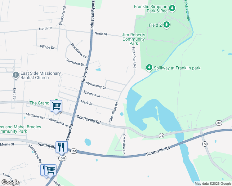 map of restaurants, bars, coffee shops, grocery stores, and more near 834 Strawberry Lane in Franklin