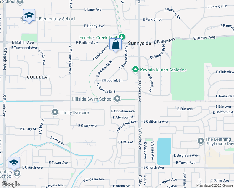 map of restaurants, bars, coffee shops, grocery stores, and more near 5530 Columbia Drive South in Fresno